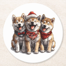 Posavasos Redondo De Papel Navidades Shiba Inu Santa Dogs