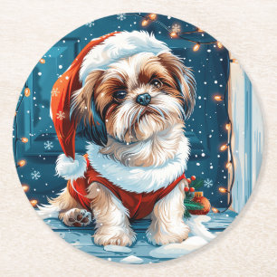 Posavasos Redondo De Papel Navidades Shih Tzu Santa Dog