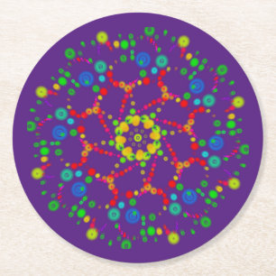 Posavasos Redondo De Papel Neon Bubble Orbs Mandala sobre la púrpura profunda