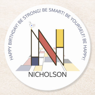 Posavasos Redondo De Papel Neoplasticismo Art Guay Monograma. Letra N