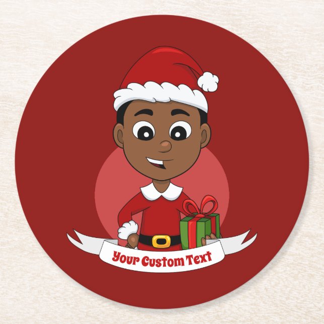Posavasos Redondo De Papel Niño personalizado de Navidades afroamericanos (Anverso)