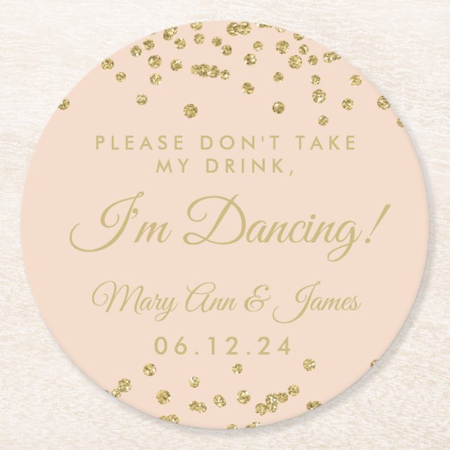 Posavasos Redondo De Papel ¡No Tomes Mi Bebida! Rosa Rubor de Gold Confetti (Anverso)