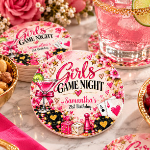Posavasos Redondo De Papel Noche de Juegos de Chicas Cumpleaños Rosa Dorado