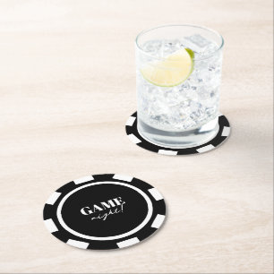 Posavasos Redondo De Papel Noche de Juegos Fichas de Poker Negras Fiesta