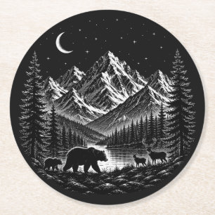 Posavasos Redondo De Papel Noche Salvaje de la Montaña Mística Estilo Linocut