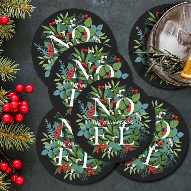 Posavasos Redondo De Papel NOEL Berries Greenery Festividad Negra (NOEL winter greenery and berries on black holiday round paper coasters)