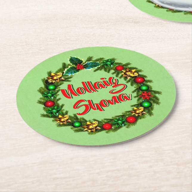 Posavasos Redondo De Papel Nollaig Irlandés Shona Feliz Navidad (En perspectiva)