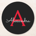Posavasos Redondo De Papel Nombra de monograma de guión negro rojo<br><div class="desc">Máscaras de papel de monograma con escritura simple negra y roja. Esto hace que la graduación perfecta, el cumpleaños, el boda, la ducha de novia, el aniversario, la ducha de bebé o la fiesta de soltera sea un regalo para alguien que ama el lujo glam y los estilos de moda....</div>