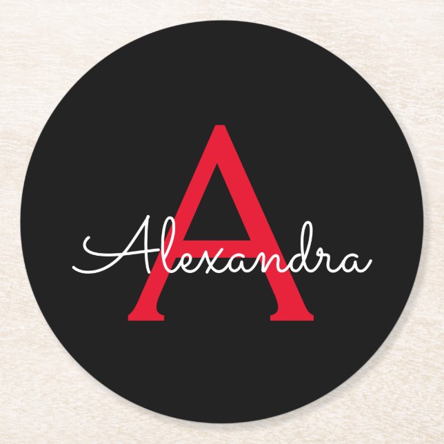 Posavasos Redondo De Papel Nombra de monograma de guión negro rojo (Anverso)