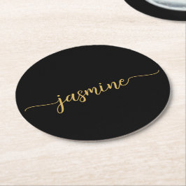 Posavasos Redondo De Papel Nombre con Monograma Negro y Dorado en Letra Scrip