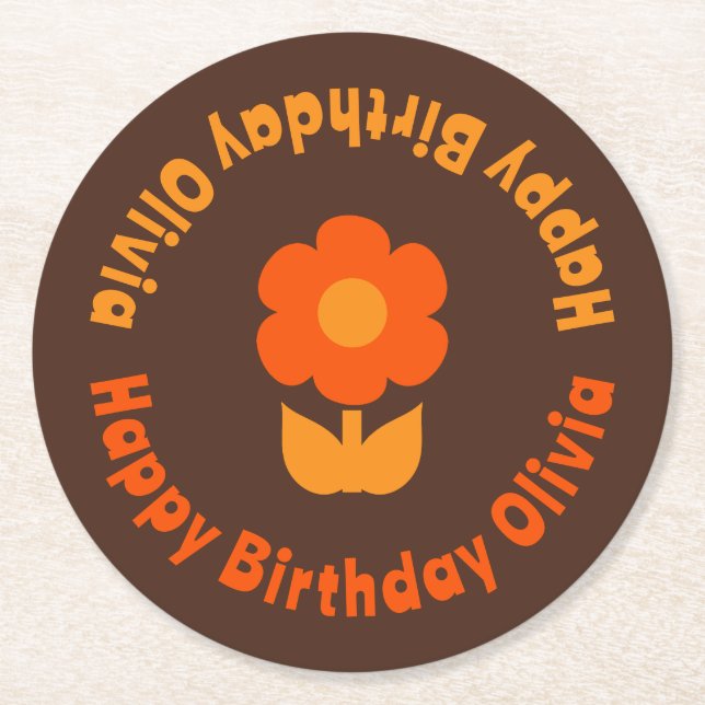 Posavasos Redondo De Papel Nombre de cumpleaños personalizado de los años 70  (Anverso)