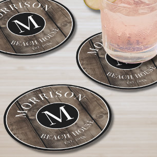 Posavasos Redondo De Papel Nombre de Familia Inicial Monograma Madera Rústica