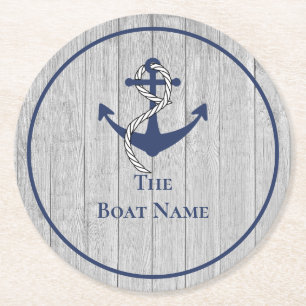 Posavasos Redondo De Papel Nombre de familia o barco Ancla naval Cuerda Náuti