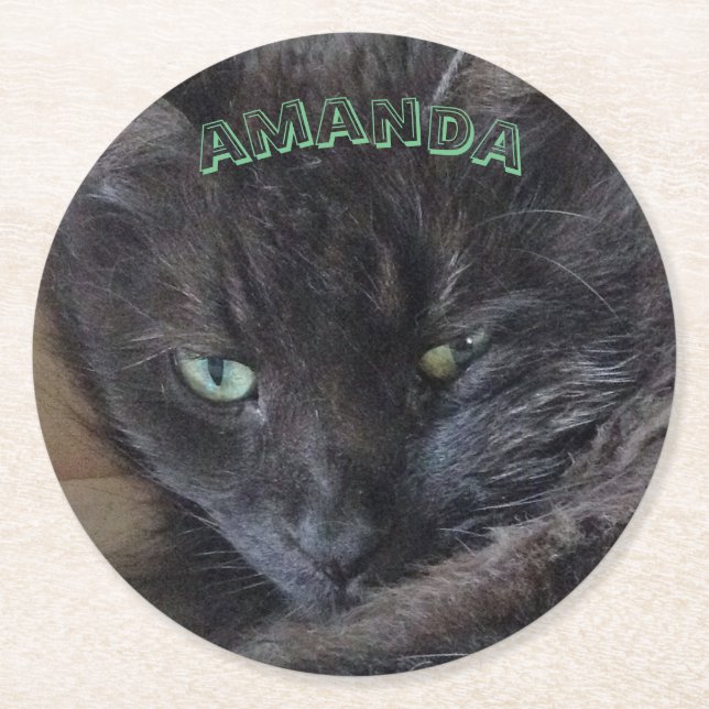 Posavasos Redondo De Papel Nombre de gato negro (Anverso)