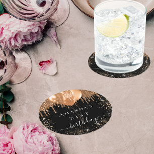 Posavasos Redondo De Papel Nombre de globos purpurinas de oro negro de la fie