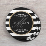 Posavasos Redondo De Papel Nombre de la familia de bordes dorados de franjas<br><div class="desc">Moderno Stripes Gold Border Family Name Paper Coaster.</div>