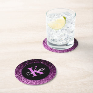 Posavasos Redondo De Papel Nombre de monograma con brillo rosa púrpura
