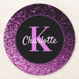 Posavasos Redondo De Papel Nombre de monograma con brillo rosa púrpura