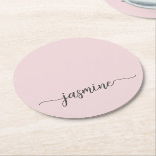 Posavasos Redondo De Papel Nombre de monograma en guión rosa sonrosado firma 