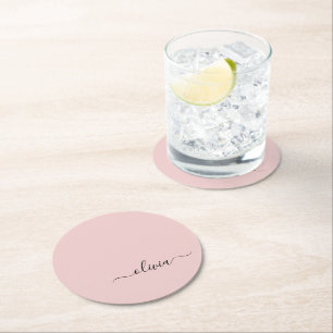 Posavasos Redondo De Papel Nombre del Monograma de Rubor Dusty Pink Moderne S