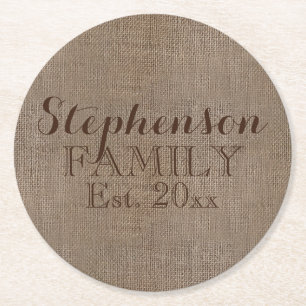 Posavasos Redondo De Papel Nombre familiar Burlap Rustic