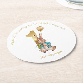 Posavasos Redondo De Papel Nombre personalizado 1º cumpleaños Globo de oro Pe