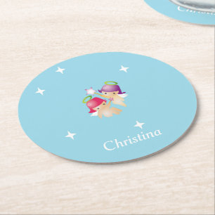 Posavasos Redondo De Papel Nombre personalizado ángeles lindos en azul