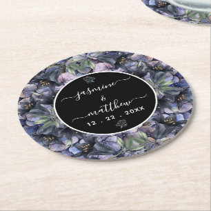 Posavasos Redondo De Papel Nombres de Parejas Clásicas Bodas Florales Negras