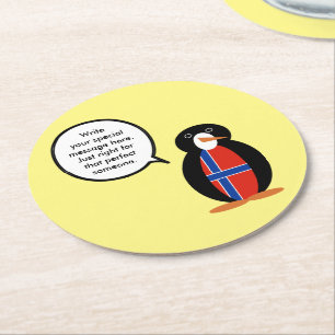 Posavasos Redondo De Papel Noruega Hablando Sra. Pingüino Personalizada