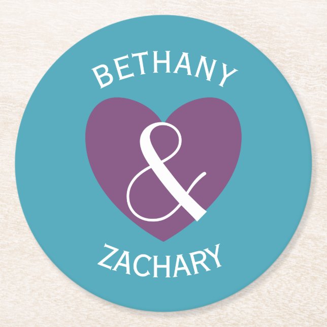 Posavasos Redondo De Papel Novia moderna y Groom Corazón Púrpura Z06 (Anverso)