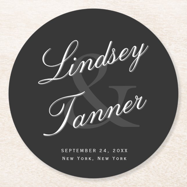 Posavasos Redondo De Papel Novia y novio de la boda en escritura sombreada (Anverso)