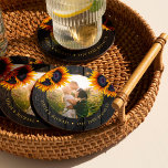 Posavasos Redondo De Papel novio de novia de girasol ruso foto favor de boda<br><div class="desc">Fotos redondas de una boda rústica, bebida personalizada, regalo de cortesía de la montaña rusa con ramos de girasol dorado amarillo sobre una madera oscura de granero con cuerdas de luces de centelleo. Fácil de personalizar con el texto y la foto! Puede ser un regalo de bonito para una pareja...</div>