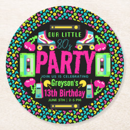 Posavasos Redondo De Papel nuestra pequeña fiesta de cumpleaños de Retro Neon