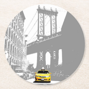 Posavasos Redondo De Papel Ny Nyc New York City Brooklyn Bridge Yellow Taxi