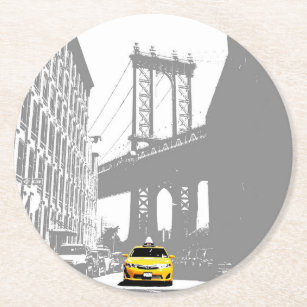Posavasos Redondo De Papel Nyc New York City Brooklyn Bridge Yellow Taxi