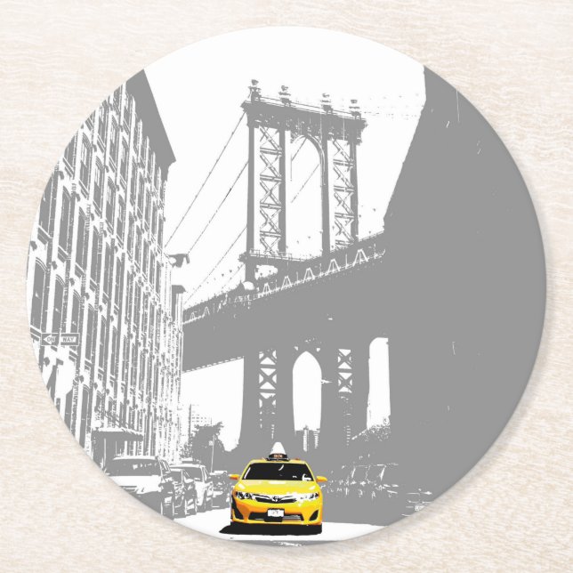 Posavasos Redondo De Papel Nyc New York City Brooklyn Bridge Yellow Taxi (Anverso)