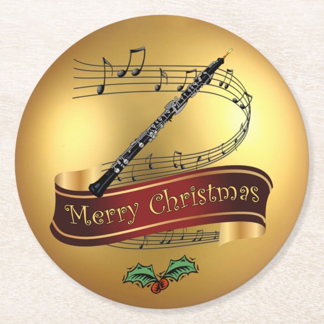 Posavasos Redondo De Papel Oboe ~ Musical Scroll ~ Oro ~ "Feliz Navidad" ~ (Anverso)