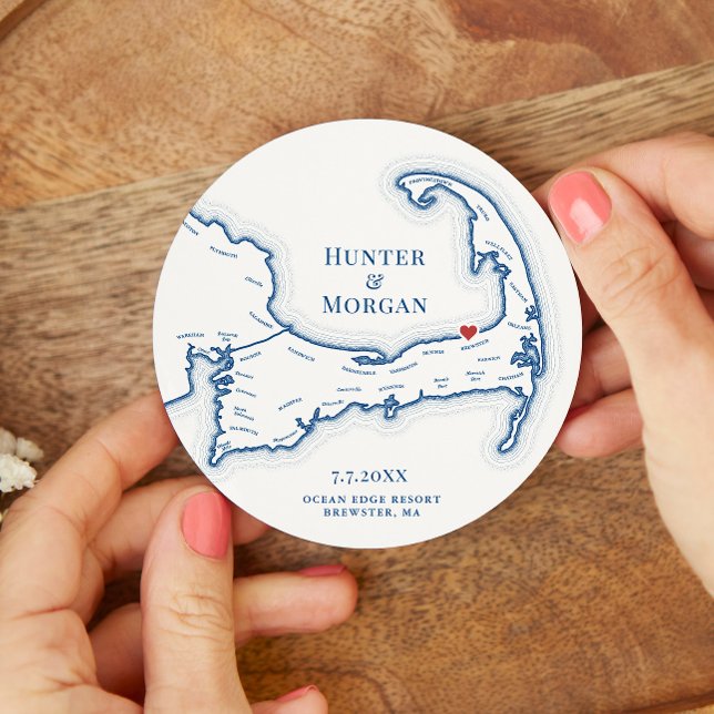 Posavasos Redondo De Papel Ocean Edge MAMÁES Brewster Boda de Cape Cod (Brewster MA Ocean Edge Resort Cape Cod Map Wedding Favor Coaster in elegant navy blue)