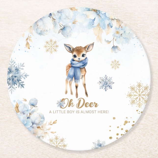Posavasos Redondo De Papel Oh Deer Winter Baby Shower (Anverso)