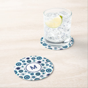Posavasos Redondo De Papel Ojo Griego Malvado Azul Blanco Costero