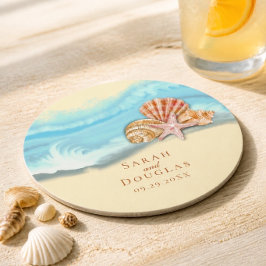 Posavasos Redondo De Papel Ola de océano azul romántico y boda de conchas mar