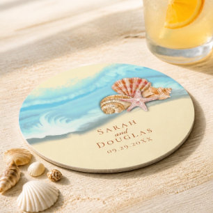 Posavasos Redondo De Papel Ola de océano azul romántico y boda de conchas mar