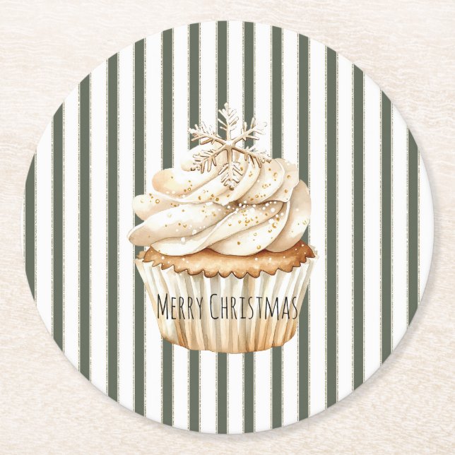 Posavasos Redondo De Papel Olive Cream Stripes Snowflake Cupcake Christmas (Anverso)
