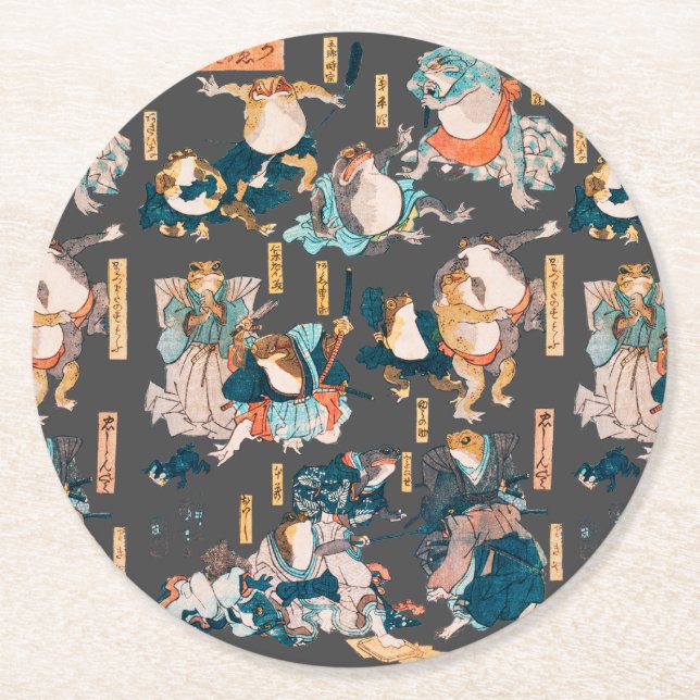Posavasos Redondo De Papel Ondulaciones ukiyo-e de rana japonesa (Anverso)