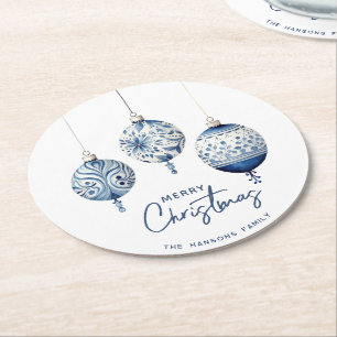 Posavasos Redondo De Papel Ornamentos de estilo nórdico azul moderno Feliz Na