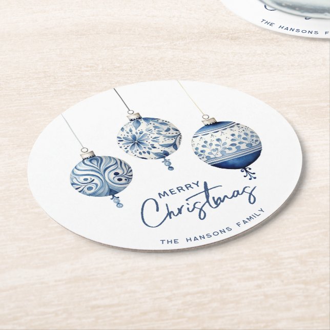 Posavasos Redondo De Papel Ornamentos de estilo nórdico azul moderno Feliz Na (En perspectiva)