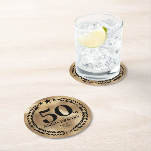 Posavasos Redondo De Papel Oro con el logotipo comercial del 50 aniversario