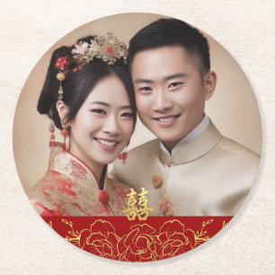 Posavasos Redondo De Papel Oro rojo floral foto de boda china doble xi