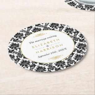 Posavasos Redondo De Papel Oro vintage, matrimonio Damasco blanco y negro