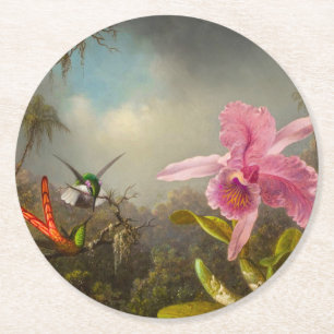 Posavasos Redondo De Papel Orquídea con dos Hummingbirds Heade